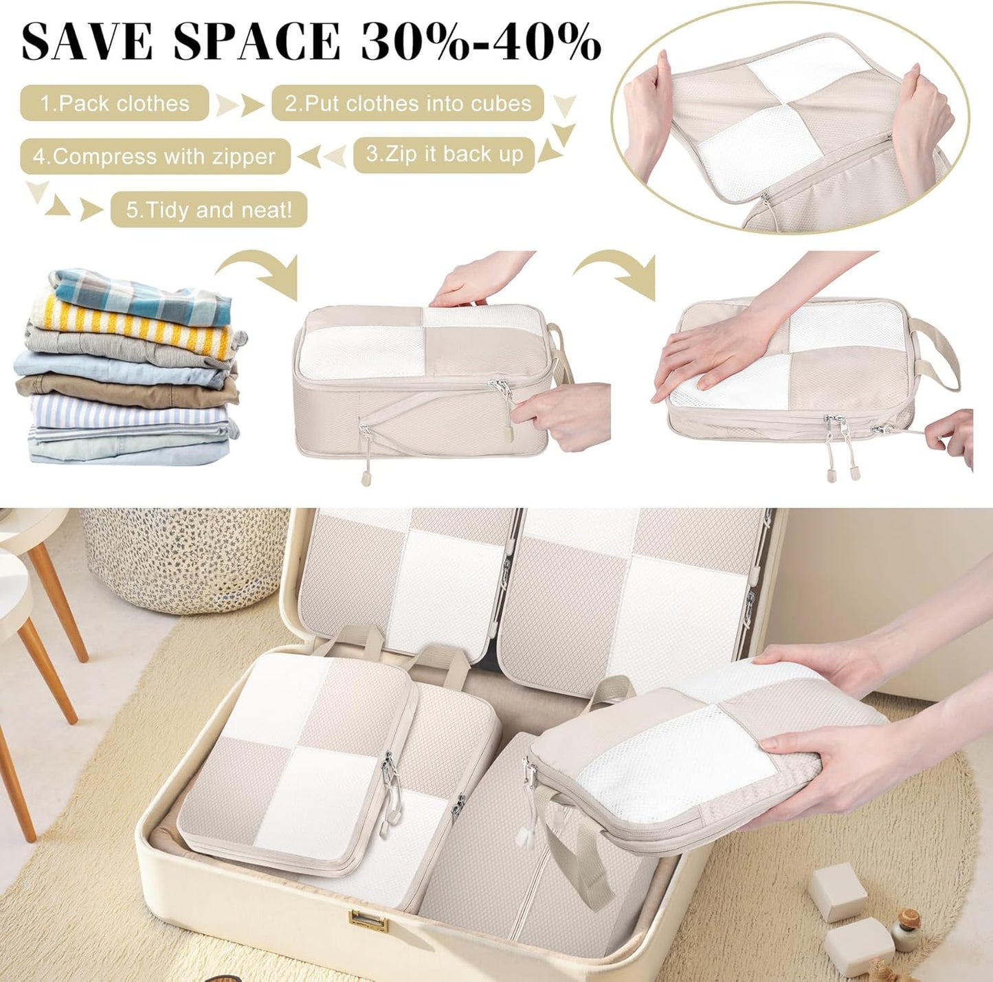 8 Set Compression Packing Cubes Travel, Lightweight Expandable Travel Cubes Suitcase Organizer for Carry On Luggage Suitcase, Beige
