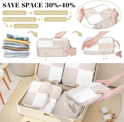 8 Set Compression Packing Cubes Travel, Lightweight Expandable Travel Cubes Suitcase Organizer for Carry On Luggage Suitcase, Beige