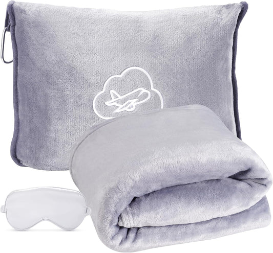 Travel Blanket, Ultra-Soft, Warm & Lightweight Travel Blanket Airplane with Bag, 65x40 in, Airplane Travel Essentials for Women, Men & Kids, Included Eye Mask, Luggage Sleeve & Backpack Clip