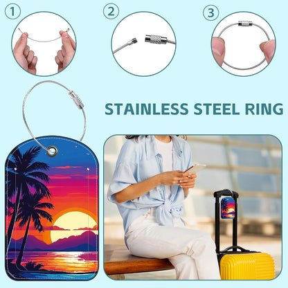 Palm Tree and Sunset Luggage Tag for Suitcase Set of 2 PU Leather Cute Luggage Tags with Stainless Metal Loop ID Label Privacy Flap Suitcase Tags for Women and Men Travel