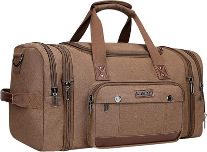 WITZMAN Mens Duffle Bags for Traveling Canvas Weekender Travel Bag Expandable Overnight Bag Carry on Bag(A8007 Brown)