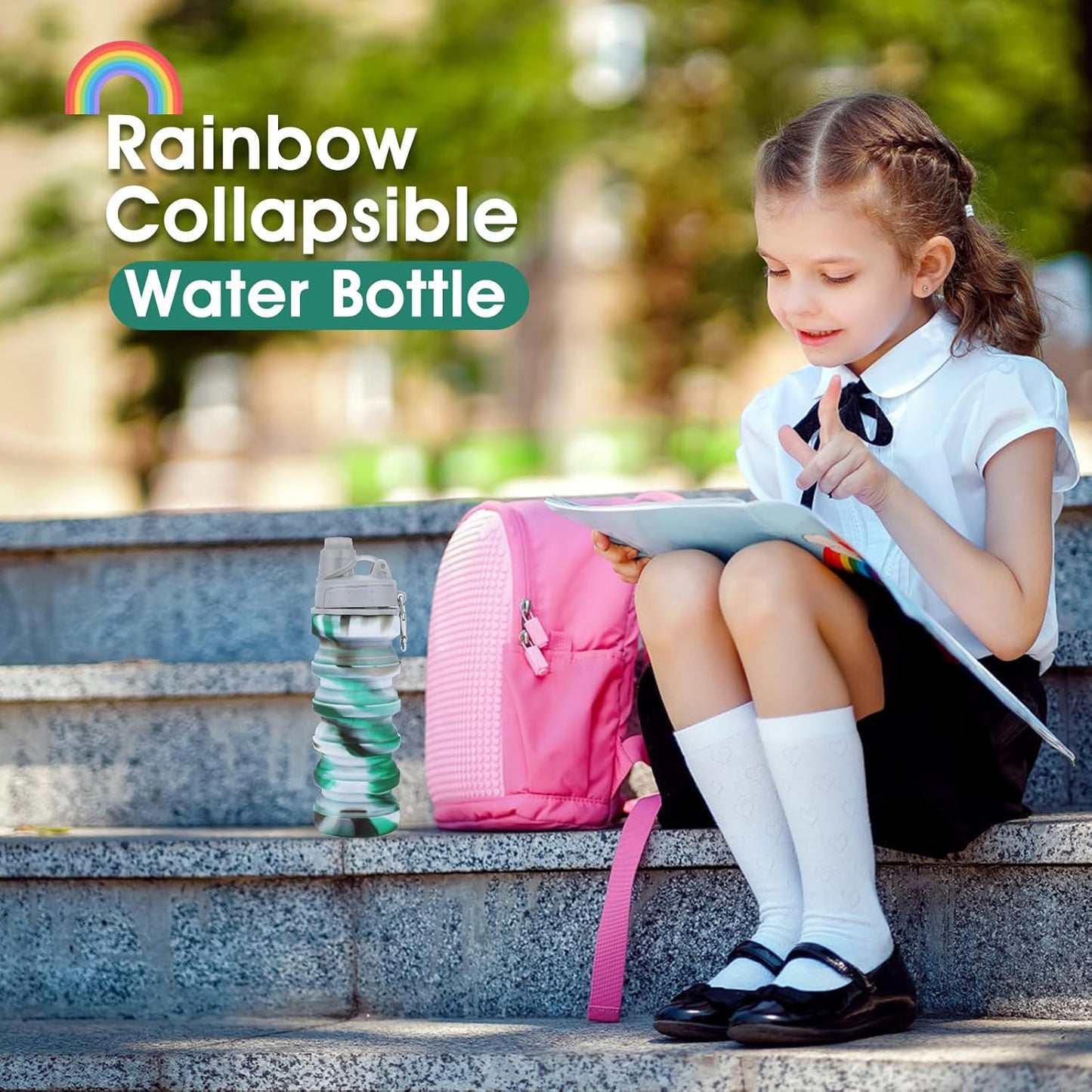 Rainbow Collapsible Water Bottles for Kids, Students, Adults, Reusable BPA Free Silicone Foldable Sports Water Bottles for Travel Camping Hiking, Folding Travel Water Bottles, Gary & Green