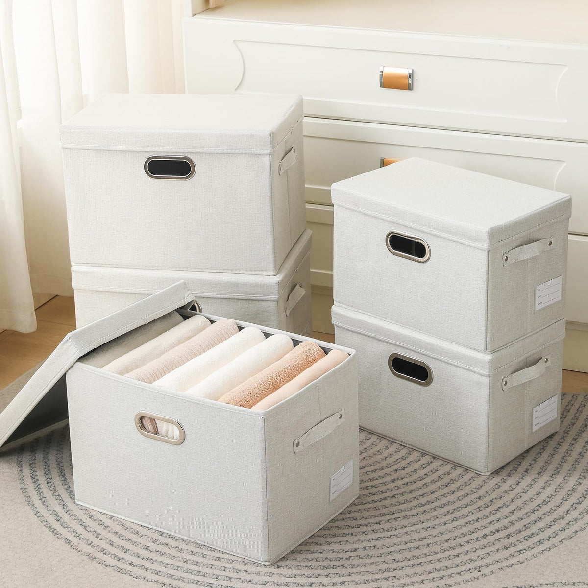 PRANDOM Collapsible Storage Bin with Lid [5-Pack] Fabric Foldable Storage Box Organizer Container Basket Cube with Cover for Home Bedroom Closet Office Beige(15.3x10x9.7)