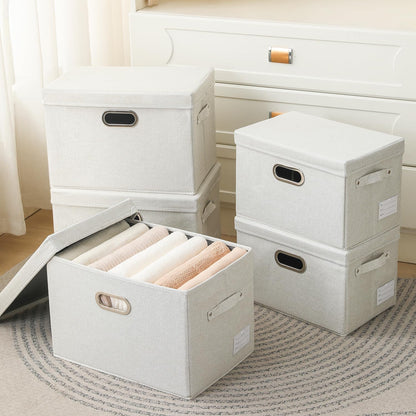 PRANDOM Collapsible Storage Bin with Lid [5-Pack] Fabric Foldable Storage Box Organizer Container Basket Cube with Cover for Home Bedroom Closet Office Beige(15.3x10x9.7)