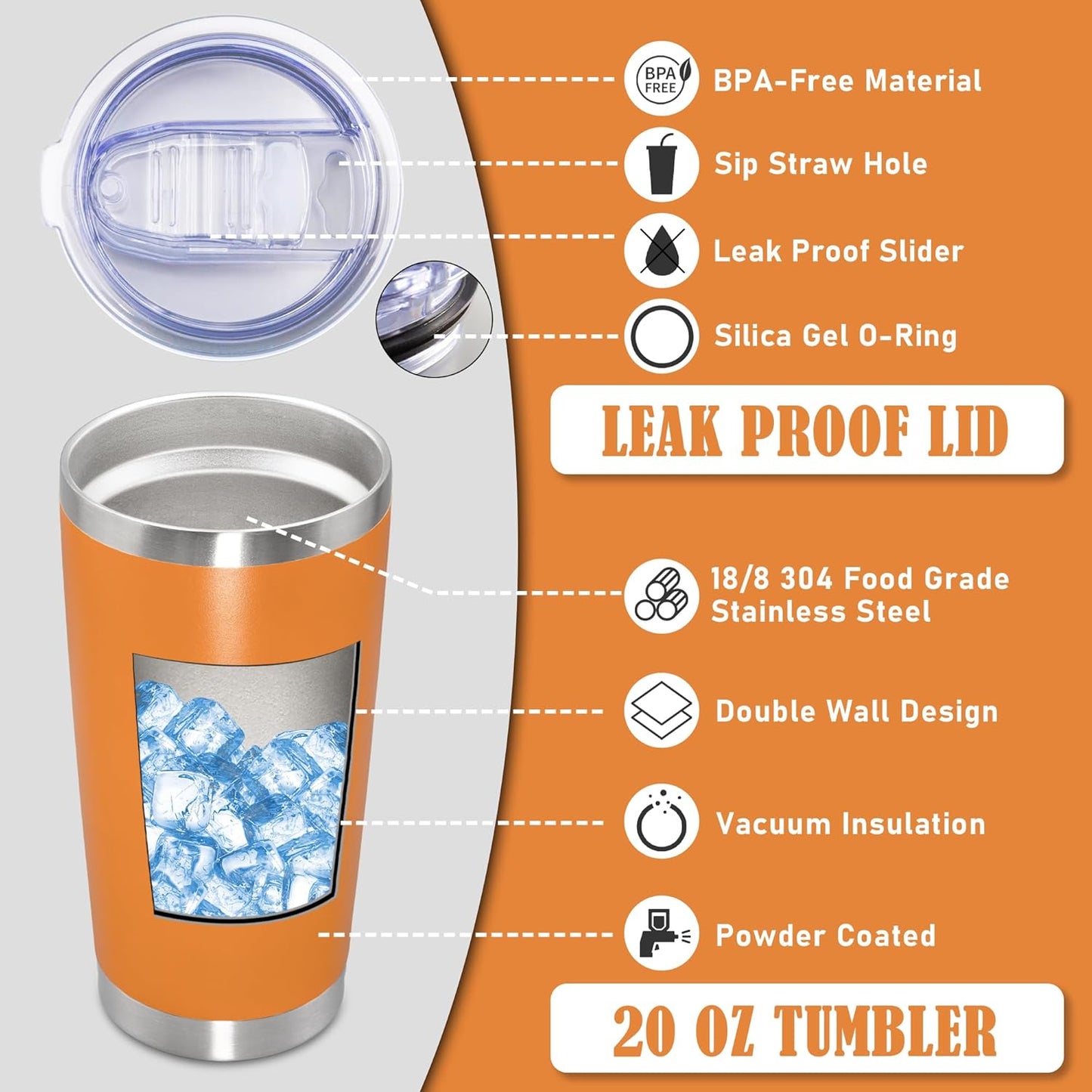 20 oz Tumbler Coffee Tavel Tumblers Bulk with Lid Stainless Steel Double Wall Vacuum Insulated Mug Powder Coated Cups fit Car Cupholder for Hot and Cold - Orange, 4Pack