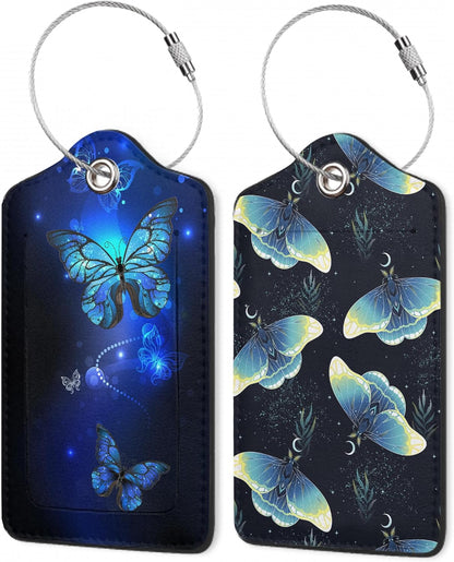 Butterfly Moon Luggage Tags,2 Pack Moth and Stars Luggage Tag,Leather Privacy Cover ID Label with Stainless Steel Loop for Women Men Kids Girls Travel