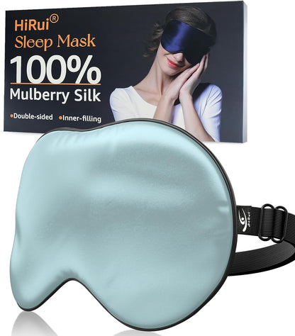 HiRui Silk Sleep Mask, 100% Natural Mulberry Silk of Double-Sided & Inner-Filling, Ultra-Smooth Soft, Adjustable Strap, Blocks Light for Night Sleeping, Travel, Office Naps (Light Blue)