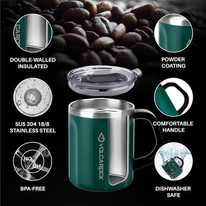 16 Oz Coffee Mug with Handle and Lid, BPA Free Coffee Cup, Keep Cold 6 Hours and Keep Warm 5 Hours, Great Tea Mug for Home Offie and Outdoor Use (Deep Green)