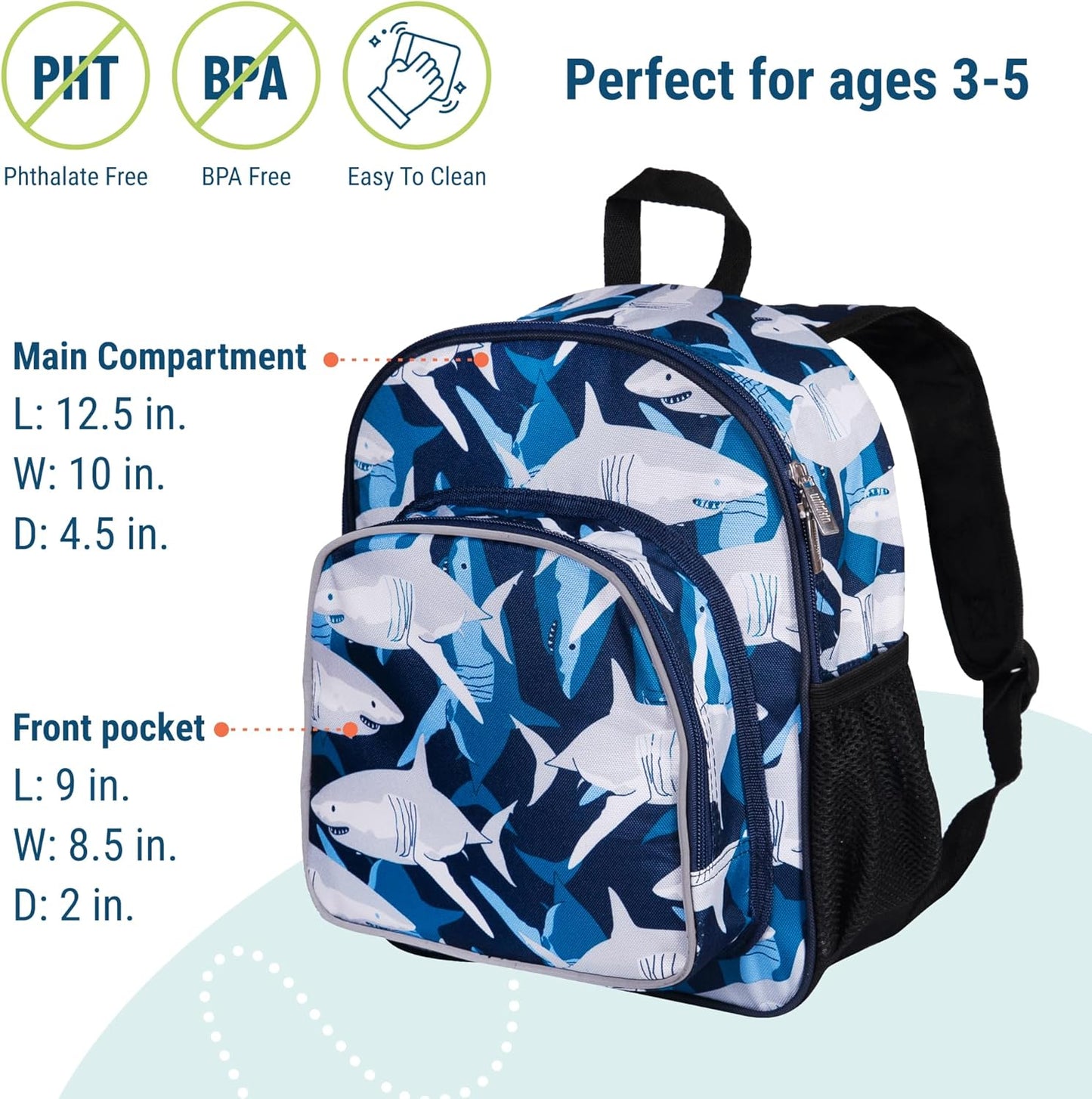 Wildkin 12-inch Kids Backpack – Padded, Adjustable, Ideal for Daycare & Travel - Sharks