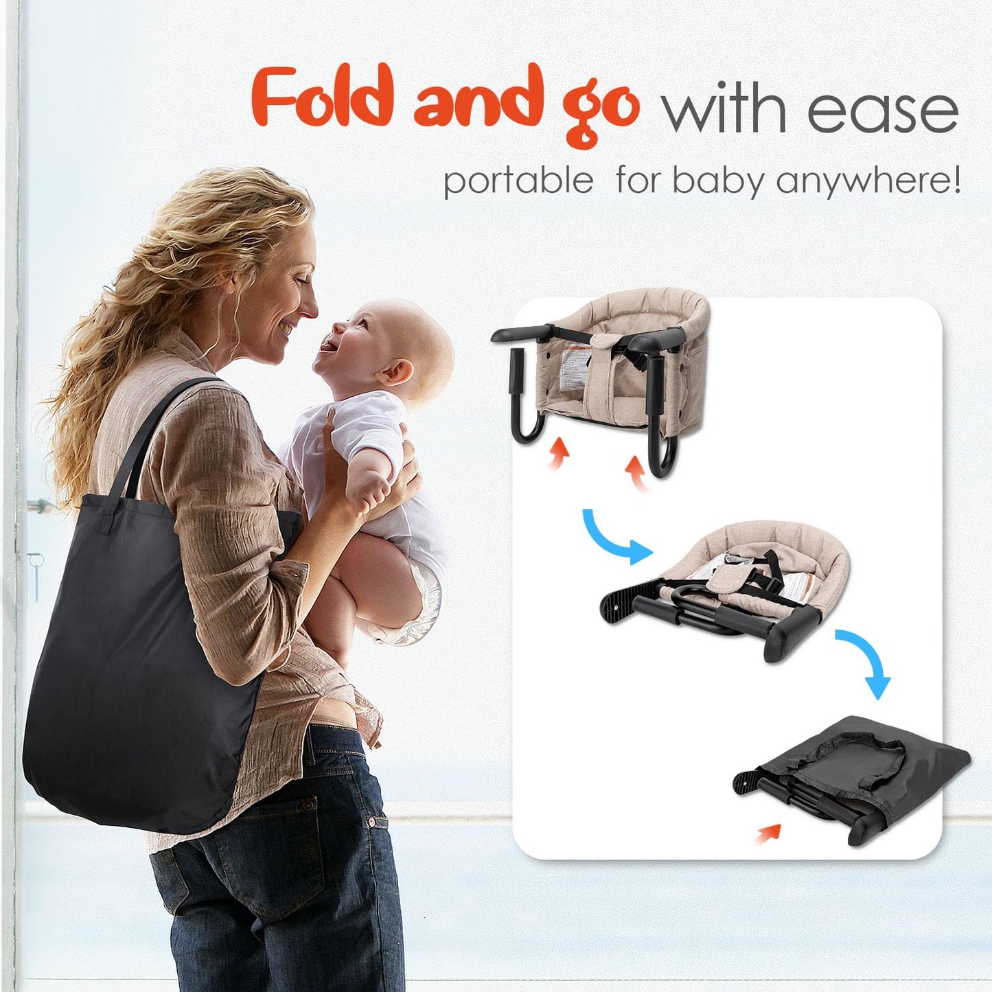Hook On High Chair - Portable & Foldable for Babies 6-36 Months, Family & Travel Use with Carry Bag(Khaki)