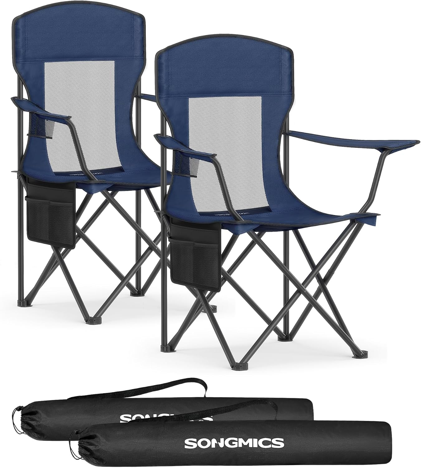 SONGMICS Breathable Camping Chairs, Foldable Outdoor Chairs Set of 2, High Back, Adjustable Armrests, Drink Holder, Weight Capacity 330 lb, for Sports Garden Backyard, Harbor Blue UGCB028Q01