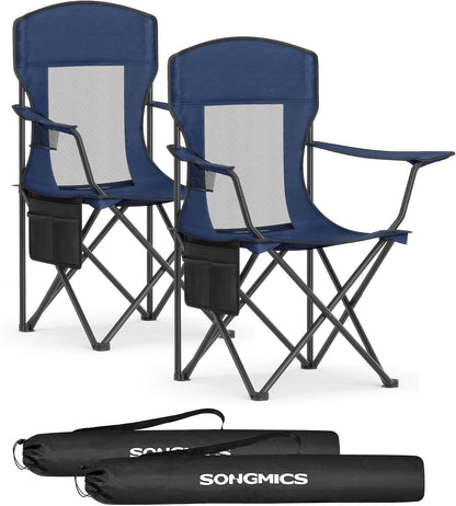 SONGMICS Breathable Camping Chairs, Foldable Outdoor Chairs Set of 2, High Back, Adjustable Armrests, Drink Holder, Weight Capacity 330 lb, for Sports Garden Backyard, Harbor Blue UGCB028Q01