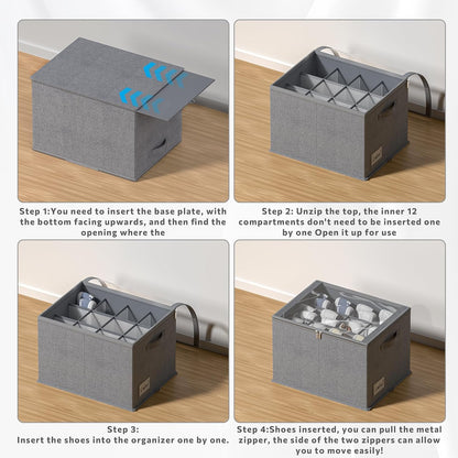 2 Pack Shoe Organizer for Closet - Shoe Storage Bins with Clear Cover, Fabric Shoe Storage Containers with Reinforced Handles, Fits up to 24 Pairs (Grey, 16.5 * 12.6 * 12.2in)