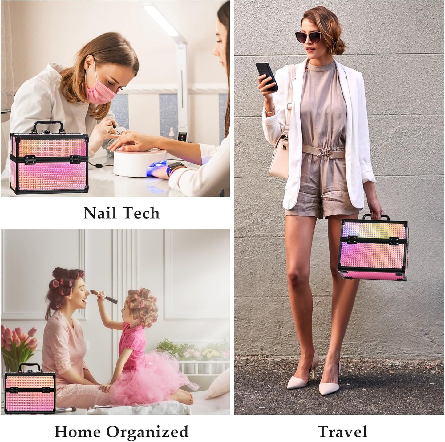 Makeup Case Organizer,Makeup Train Case, Trays Cosmetic Box Portable, Profesional for Salon Barber,Black Bright Pink