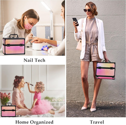 Makeup Case Organizer,Makeup Train Case, Trays Cosmetic Box Portable, Profesional for Salon Barber,Black Bright Pink