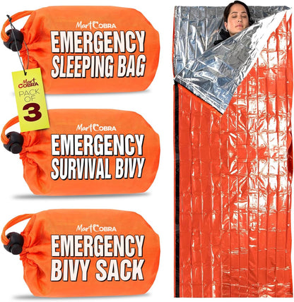 Emergency Sleeping Bag 3 Pack | for Survival Gear and Supplies Life Bivy Sack Waterproof Mylar Emergency Blankets for Survival Kit Car Camping Gear Hiking Tac Bivvy Go Bag Supplies Sleep Sacks Shelter