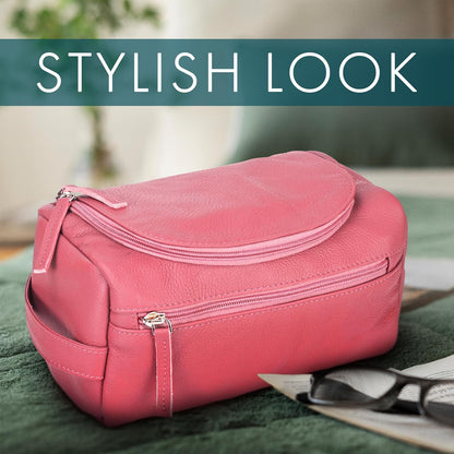 ELIZO Premium REAL Leather Toiletry Bag for Men Dopp Kitt Hanging Mens Toiletry Large TSA Toiletries Bag Shaving Grooming Bag Organizer Espresso (Pink, Large)