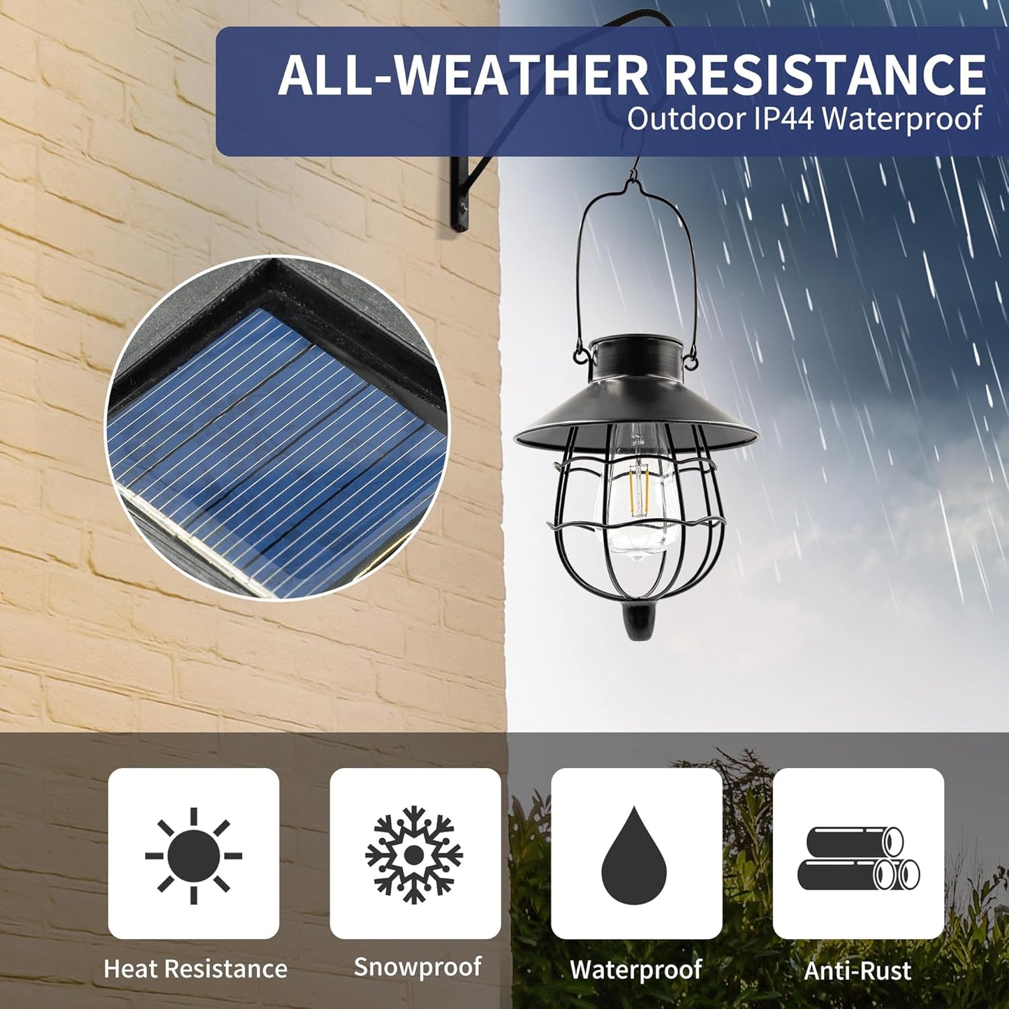2 Pack Solar Lanterns Outdoor Waterproof Hanging Solar Lights with Vintage Metal Warm White Light Edison Bulb Design, Decorate for Garden Yard Porch and Christmas(Black)