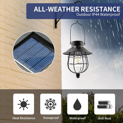 2 Pack Solar Lanterns Outdoor Waterproof Hanging Solar Lights with Vintage Metal Warm White Light Edison Bulb Design, Decorate for Garden Yard Porch and Christmas(Black)