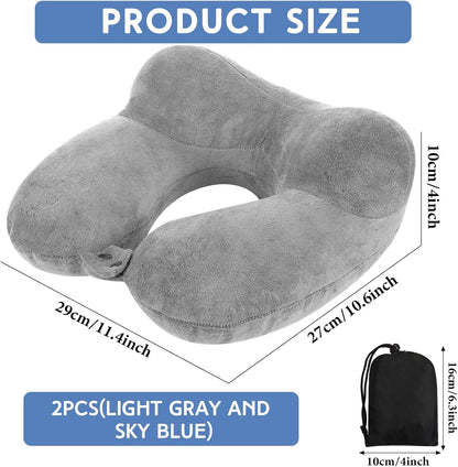 Sintuff 2 Pack Inflatable Travel Pillow for Airplanes Inflatable Neck Flight Pillows with Compact Bag and Blindfold for Traveling, Airplane, Train, Car, Office(Light Gray and Sky Blue)