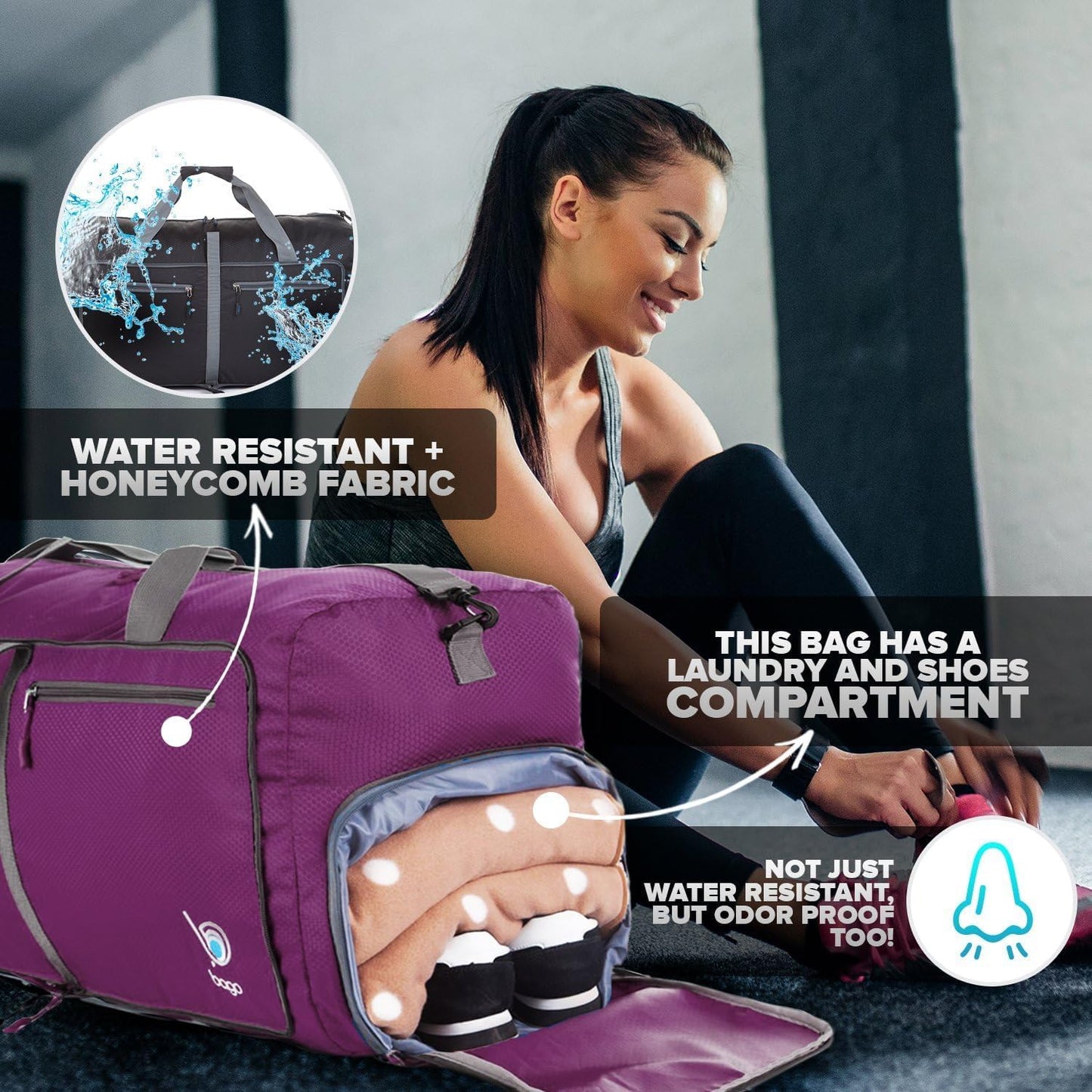 Bago Large Foldable Duffel Bags for Traveling Women & Men - 80L Packable Duffle Bag for Travel with Shoe Compartment - Water Repellant, Heavy Duty, Lightweight Folding & Collapsible (Purple)