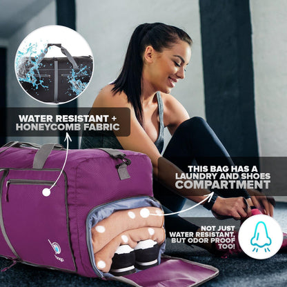 Bago Large Foldable Duffel Bags for Traveling Women & Men - 80L Packable Duffle Bag for Travel with Shoe Compartment - Water Repellant, Heavy Duty, Lightweight Folding & Collapsible (Purple)