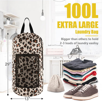 Laundry Bag Backpack, 2PCS Extra Large Travel Laundry Bag with Mesh Pocket & Adjustable Shoulder Straps,Dirty Clothes Travel Bag for College Students Dorm,Apartment(Leopard Print)