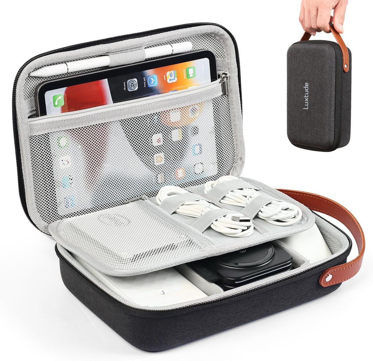 Luxtude Tech Organizer Travel Case, Portable Electronics Organizers, Hard Case for Electronics, Black Tech Bag, Charger Cases, Carrying Cases for iPad Mini (Up to 7.9’’), Mouse