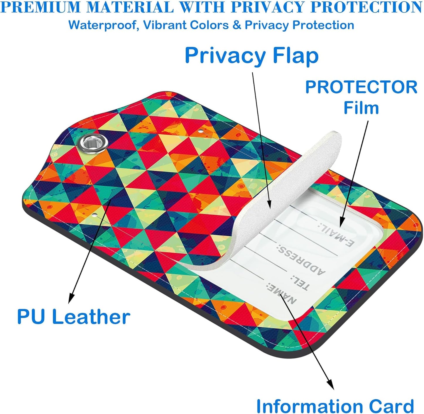 Watercolor Rhombus and Colored Triangle Luggage Tags for Suitcases Leather Travel Tags for Luggage ID Label with Privacy Cover and Stainless Steel Loop for Men Women Suitcase Backpack, Set of 2