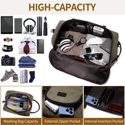 Nerlion Green Large Weekender Overnight Duffel Bag with Shoe Compartment and Leather Accents