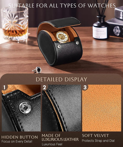 Homde Travel Watch Box Leather: Traveling Case for Men - Luxury Watch Roll for Wristwatch on the Go (black, S)