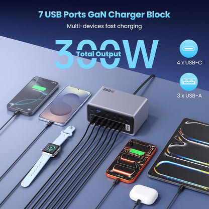 20-in-1 300W Charging Station,USB Docking Station Triple Display USB C Hub with 2x4K HDMI,DP,VGA,Ethernet,7 USB A/C Ports,5Gbps USB A/C Ports,SD/TF,Audio,100W PD Fast Laptop Charger for Windows/macOS