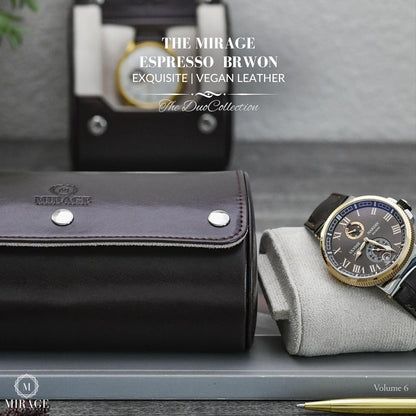 2 Watch Travel Case for Men - Mirage Watch Roll Gift Accessory - Espresso/Ivory Vegan Leather