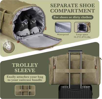 SHOWKOO Duffle Bag for Travel 60L Expandable Canvas Travel Bag Durable Vintage Weekender Overnight Carry On Bag for Men(Army Green)