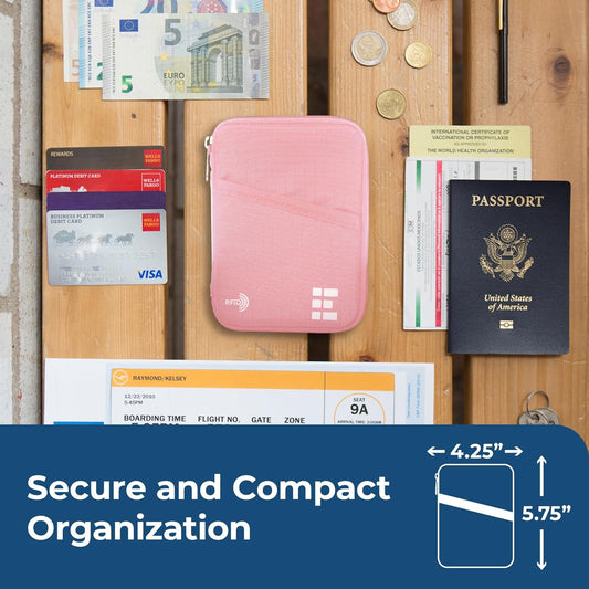 Passport Holder & Travel Wallet with RFID Blocking - Premium Document Organizer Case for Men and Women - Holds Passports, Cards, Tickets, ID, Cash - Compact Zippered Wallet - Rose