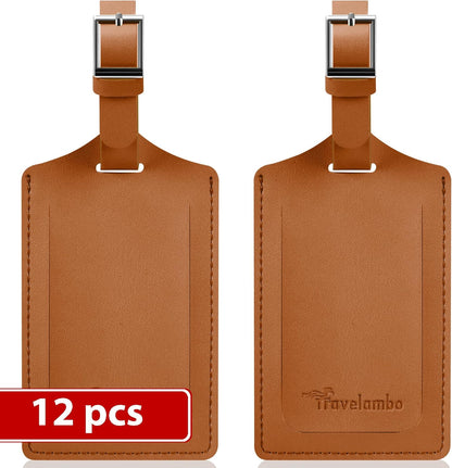 Travelambo Luggage Tags for Suitcases Faux Leather Privacy Protection 12 Pack Bag Tags Travel Accessories Essential, Yellowish Brown