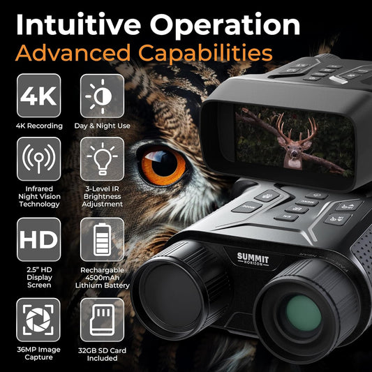 4k Night Vision Goggles for Adults - Hunting Night Vision Binoculars with Camera, Tripod, 32GB FT Card, Compass - 8X Zoom Infrared Goggles Digital Binoculars, Nightvision for Camp