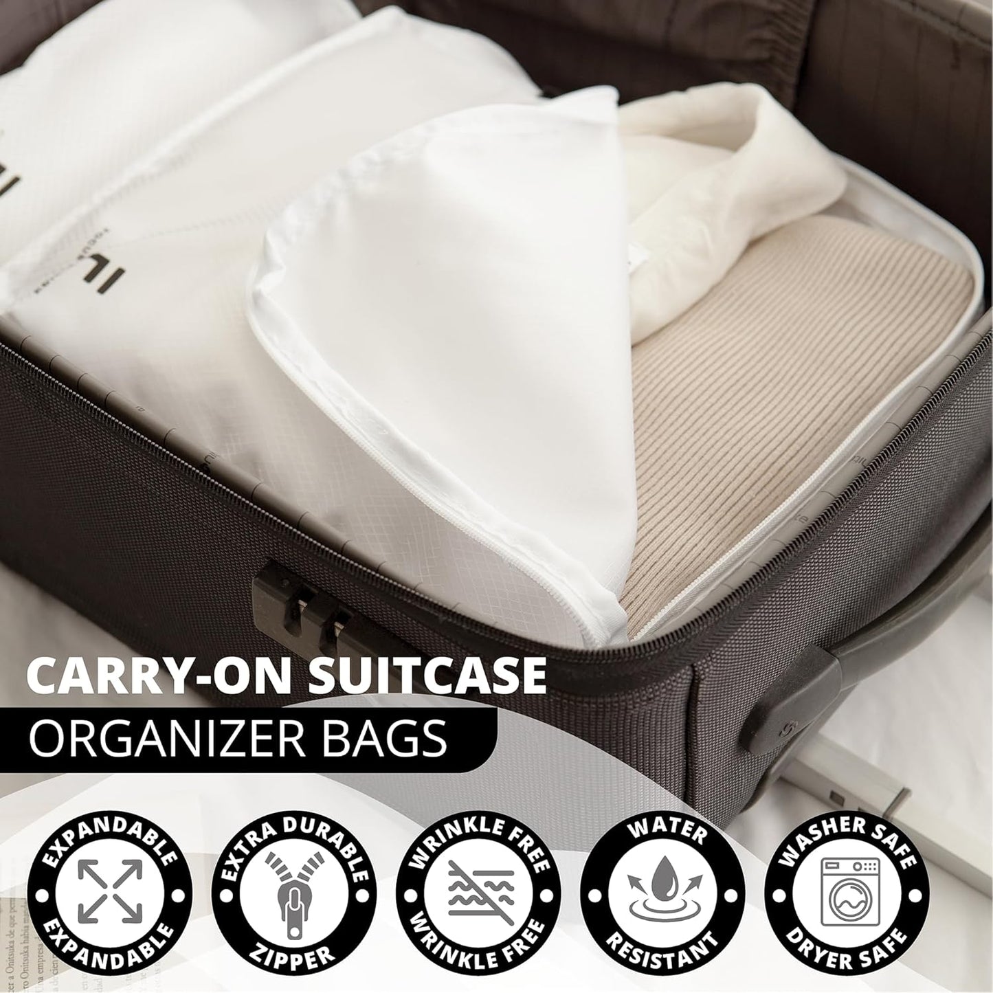 8 Piece Compression Packing Cubes Set - Double Capacity Design for Travel - Small, Medium & Large Sizes - Carry-On Suitcase Organizer Bags (White)