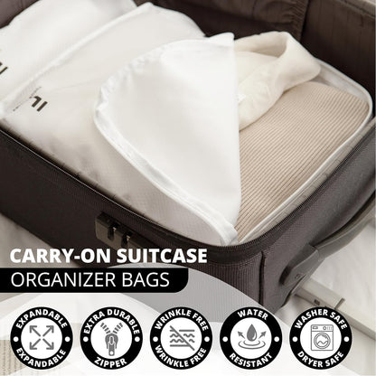 8 Piece Compression Packing Cubes Set - Double Capacity Design for Travel - Small, Medium & Large Sizes - Carry-On Suitcase Organizer Bags (White)