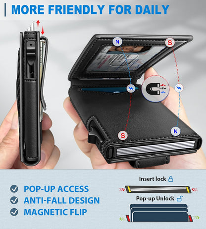 Airtag Wallet for Men,with Money Clip Gift Boxed,Slim Front Pocket Wallet RFID Blocking Metal Case Smart Pop-up Credit Card Holder in Magnetic Leather Flip