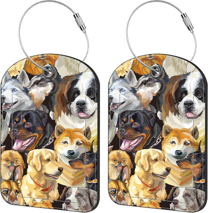 2 Pack Cute Luggage Tag for Suitcases Dogs Breeds Portraits Leather Luggage Tags with Stainless Steel Loop Privacy Flap Name Tags,Men and Women Travel Bag Suitcase Tags