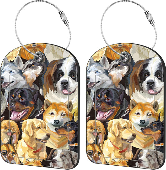 2 Pack Cute Luggage Tag for Suitcases Dogs Breeds Portraits Leather Luggage Tags with Stainless Steel Loop Privacy Flap Name Tags,Men and Women Travel Bag Suitcase Tags