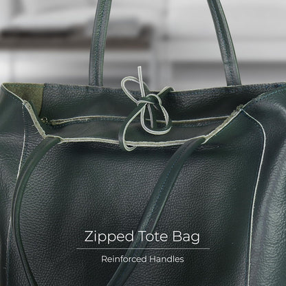 Italian Calf Leather Tote for Women with Zipper, Inner Pocket & Flat Base | Soft Unlined Shopper for Work & Travel