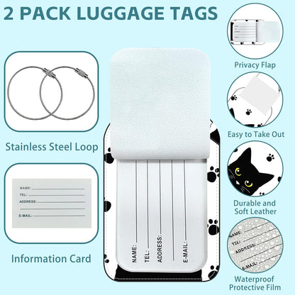 Cute Black Cat Luggage Tag for Suitcase Set of 2 PU Leather Cute Luggage Tags with Stainless Metal Loop ID Label Privacy Flap Suitcase Tags for Women and Men Travel