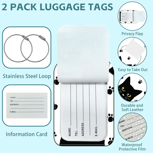 Cute Black Cat Luggage Tag for Suitcase Set of 2 PU Leather Cute Luggage Tags with Stainless Metal Loop ID Label Privacy Flap Suitcase Tags for Women and Men Travel
