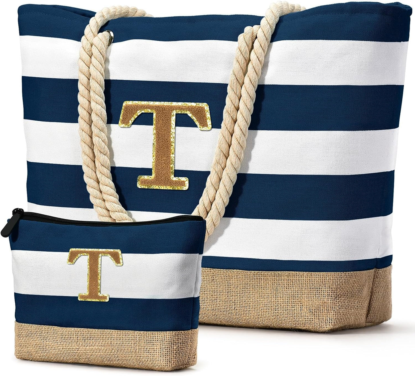 Becokan Beach Bag Initial Beach Tote with Makeup Bag for Travel Work Storage Personalized Birthday Gifts for Women Her