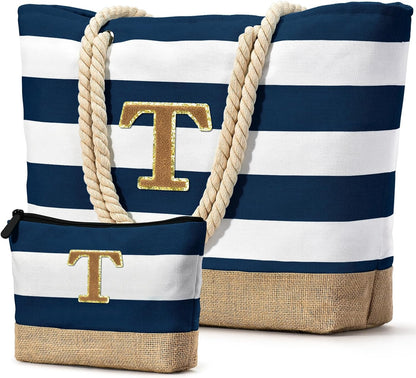 Becokan Beach Bag Initial Beach Tote with Makeup Bag for Travel Work Storage Personalized Birthday Gifts for Women Her