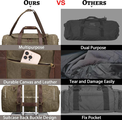 50L Duffle Bag for Men, Nomad Waxed Canvas Travel Duffel Bag Vintage Genuine Leather Travel Handbag Upgraded Weekender Overnight Backpack with Shoes Compartment (Vintage Grey)