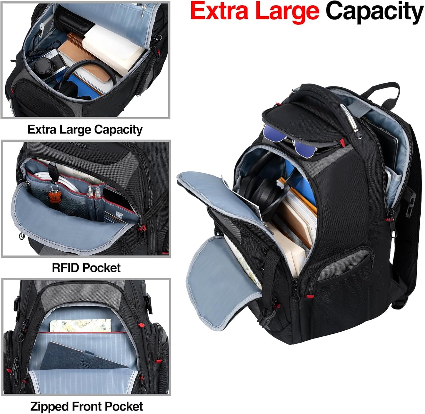 KROSER Travel Laptop Backpack 17.3 Inch XL Computer Backpack with Hard Shell Saferoom RFID Pockets Water-Repellent Business College Daypack Stylish Bag for Men/Women-Black Grey