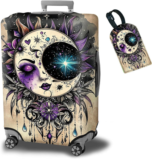 Luggage Protector Plus 1 Luggage Tag, Gothic Moon Face Travel Case Cover for 26-28 inch Suitcase with Elastic Dustproof, Scratch Resistant Concealed Zipper